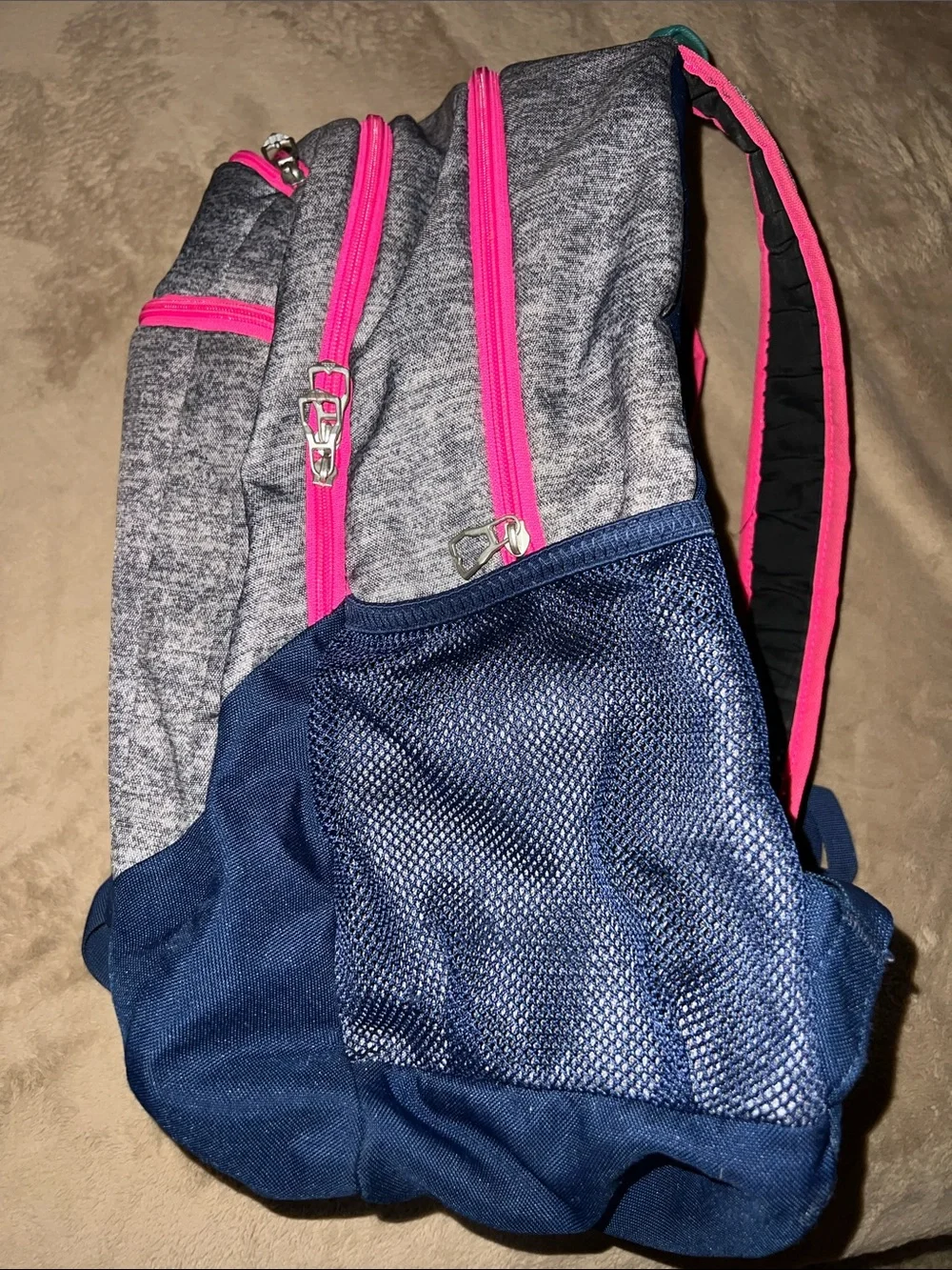 Adidas Gray School Backpack with Pink Zippers & Teal & Blue Accents
